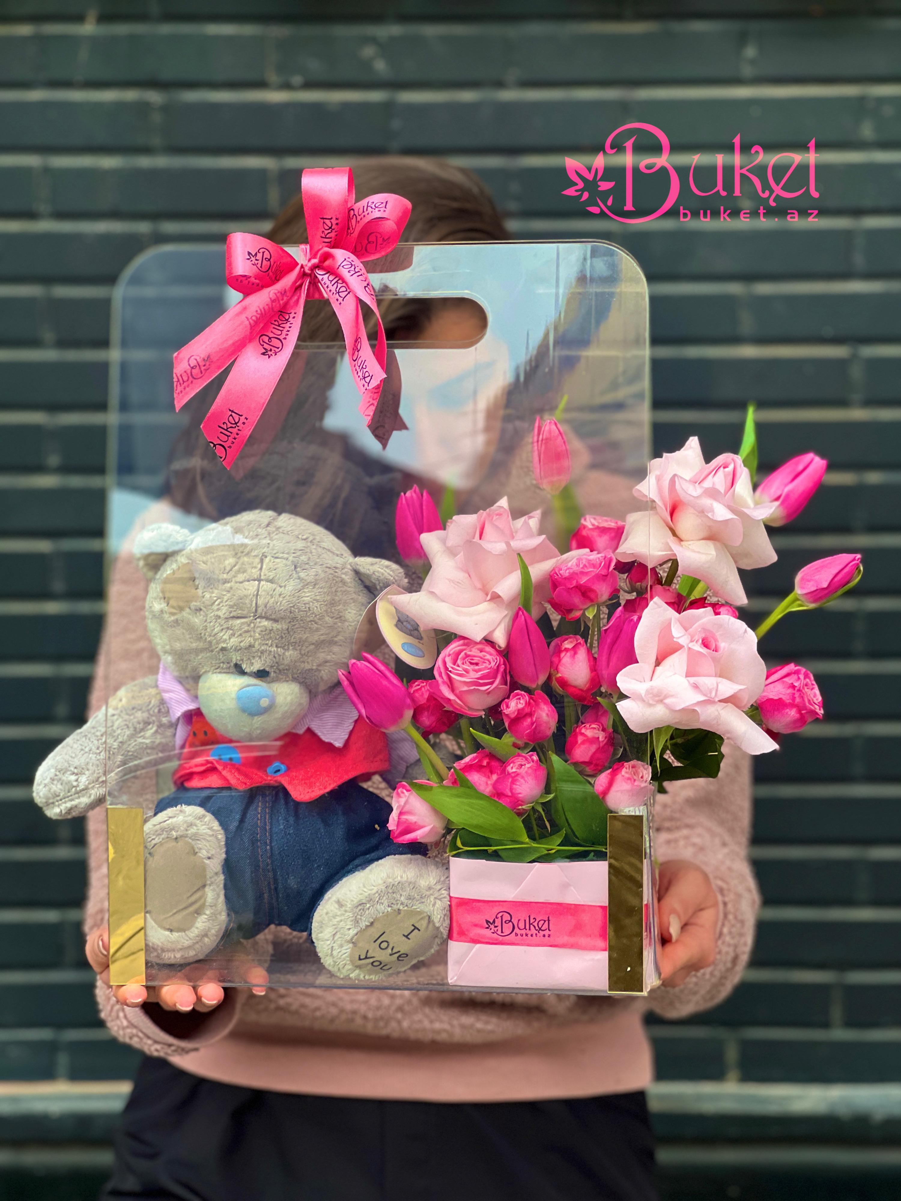 Teddy bear Tulips and Roses in a transparent bag