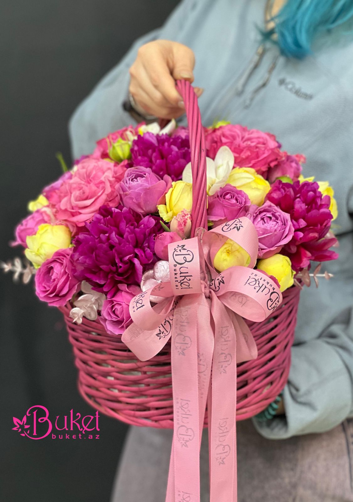 Peonies and Peony-like Roses in a Basket